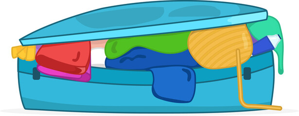 Flat design light blue suitcase is overflowing with clothes, hat, bottle on transparent background