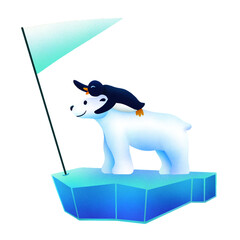 Cartoon-style polar bear is carrying penguin on ice floe with gradient flag, transparent background © vectorfusionart
