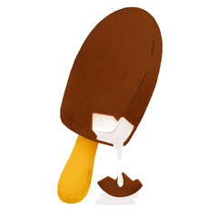Vector chocolate-coated ice cream popsicle is lying on transparent background dripping white core