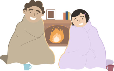 Obraz premium Flat vector couple is sitting in blankets by fire mantel with books, mugs, transparent background