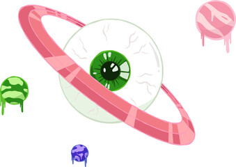 Stylized green-iris eyeball is floating with flat pink ring, dripping orbs, background transparent