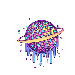 Vector art melting disco-ball planet is rotating on transparent BG with grid ring drips sparkles