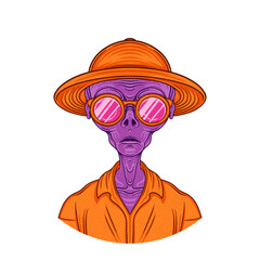 Flat illustration is showing purple alien wearing orange hat and pink shades on transparent canvas