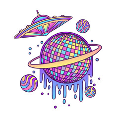 Pastel vector art is featuring melting disco planet with ring and UFO, transparent background