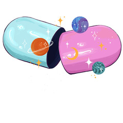 Open pill capsule is revealing cosmos with planet rings, stars, transparent background, flat design