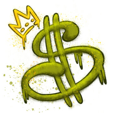 Green graffiti dollar sign is dripping paint and wearing yellow crown with transparent background