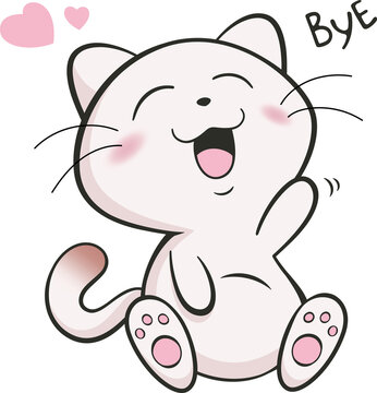 Fototapeta Chubby white cartoon cat is waving with pink hearts and handwritten Bye on transparent background