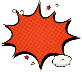 Naklejka premium Red jagged explosion is showing pop art dots, cloud puffs, red yellow stars, transparent background
