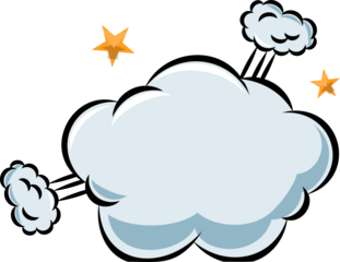Cartoon-style cloud is floating on transparent background showing 3 linked puffs and golden stars