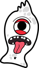 Flat design monster is floating on transparent backdrop with red-ringed eye, toothy grin and tongue