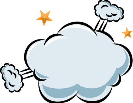 Cartoon-style cloud is floating on transparent background showing 3 linked puffs and golden stars