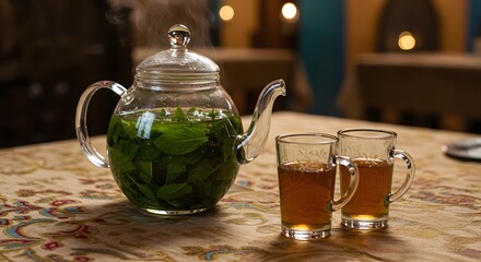 Moroccan mint tea brewed with fresh leaves on a restaurant table