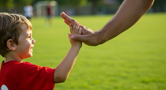 A father and his son are standing on a field, and the father is giving his son a high five. The boy is smiling with excitement.
