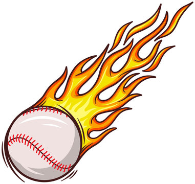 Vector baseball showing red stitching and fiery flames, bold outlines, transparent background