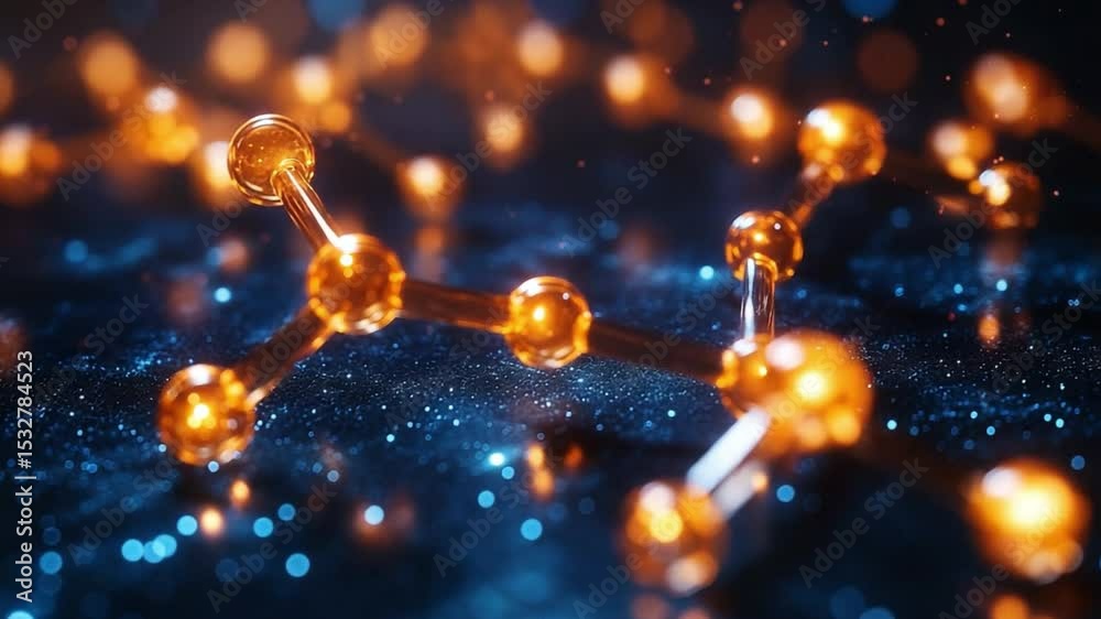 Poster molecular structure: glowing orange spheres representing atoms are connected by bonds, creating a me