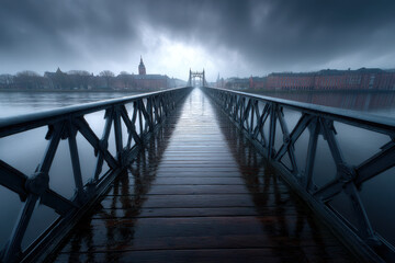 Misty bridge leading into a dark and moody landscape at dawn by a calm river