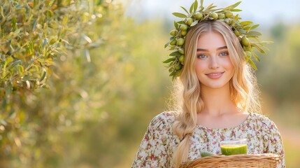 Smiling woman with olive wreath holding basket in sunny orchard