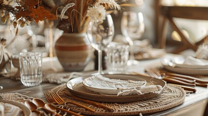 Bohemian Table Setting with Artisanal Ceramics and Vintage Silverware, Close-Up of Rustic Dining Decor with Dried Florals and Textured Linens, Ideal for Restaurant Menu or Wedding Invitation Design