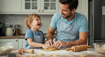 A man and his son are happily baking together in their kitchen, flour dusts their faces as they laugh and shape the dough.