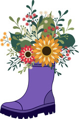 Flat design is showing purple rain boot planter holding colorful blooms on transparent background