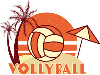 Retro design is showing volleyball on sand with striped sun and umbrella on transparent background
