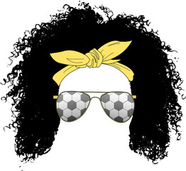 Floating hair silhouette showing yellow headband and hexagon aviators, flat, transparent background