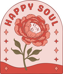 Naklejka premium Vector art showing coral-red flower with human face framing HAPPY SOUL text, transparent background