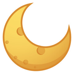 Flat design golden moon crescent icon is showing smooth curves and craters, transparent background
