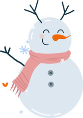 Cartoon snowman is wearing pink scarf and carrot nose in flat vector on transparent background