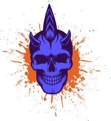 Cobalt blue demon skull is glowing in vector with horns and orange splatter on transparent backdrop