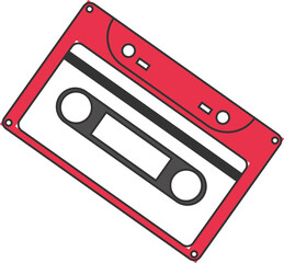 Cassette tape is floating in red-white flat design with spools, label panel, transparent background