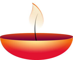 Decorative oil lamp is glowing in flat design, showing gradient bowl and transparent background