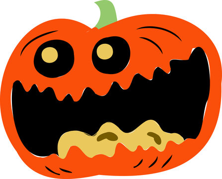 Fototapeta Cartoon pumpkin head showing carved eyes, dripping pulp with green stem, transparent bg, copy space