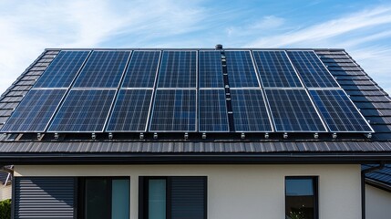 Naklejka premium Panel mounting system brackets securing blue solar panels to residential shingle roof with visible hardware components