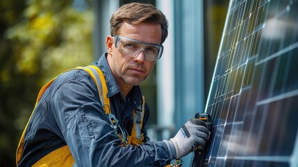 Solar panel assessment professional worker inspecting renewable energy system with protective eyewear on house roof
