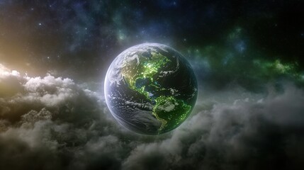 Obraz premium Earth from space: stunning view of illuminated continents above clouds and stars