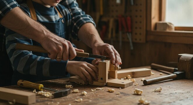 Father and son working together in the workshop, using tools and wood to create a project together, bonding over a shared hobby