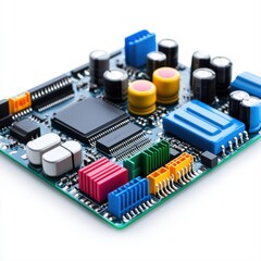 Circuit board with colorful components for electronics and technology background