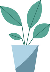 Flat vector art is showing potted plant with blue pot and teal leaves on transparent background