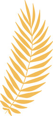 Stylized palm frond silhouette is floating on transparent background in flat golden vector design