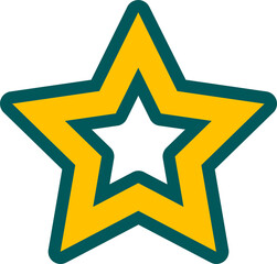 Flat star icon is showing teal border and yellow fill with center cutout on transparent background