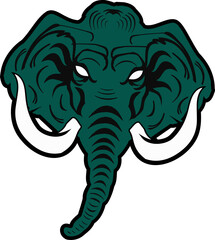 Flat style elephant head is featuring tusks trunk ears ornamental lines on transparent background