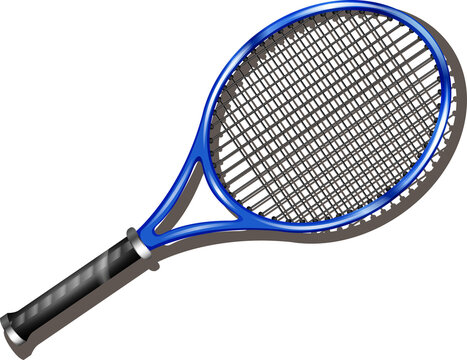 Fototapeta Tennis racket is showing flat design, blue frame, black strings, ridged grip transparent background