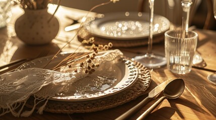 Bohemian Table Setting with Artisanal Ceramics and Vintage Silverware, Close-Up of Rustic Dining Decor with Dried Florals and Textured Linens, Ideal for Restaurant Menu or Wedding Invitation Design