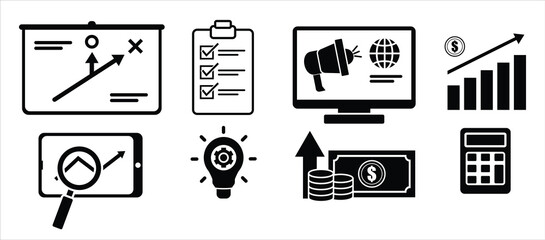 Collection of vector icons showcasing concepts like finance, strategy, marketing, analytics, and business growth.