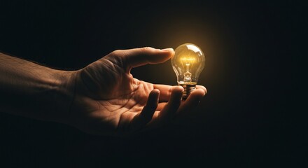 A human hand holds a lit lightbulb against a dark background, symbolizing innovation, ideas, and creative solutions.