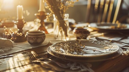 Bohemian Table Setting with Artisanal Ceramics and Vintage Silverware, Close-Up of Rustic Dining Decor with Dried Florals and Textured Linens, Ideal for Restaurant Menu or Wedding Invitation Design