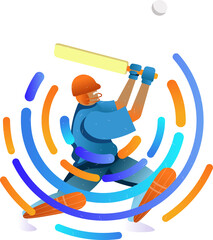 Cricket batsman is swinging yellow bat in flat vector art with motion arcs, transparent background