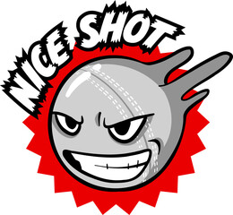 Angry cartoon baseball is zooming through red burst, flame trails, NICE SHOT text on transparent bg