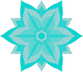 Stylized geometric mandala is radiating turquoise layered petals, flat, transparent background